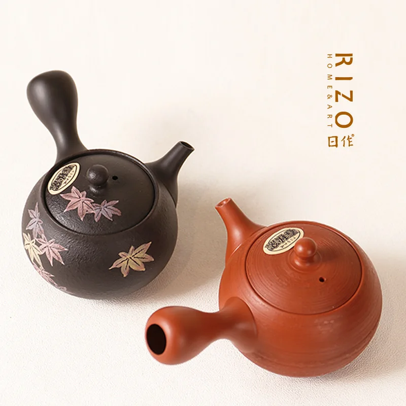 Japanese Imported Long-Slip Burning Spring and Autumn Kiln Cinnabar Sand Pine Skin Black Mud Tricolor Leaf Side Handle Teapot Ur