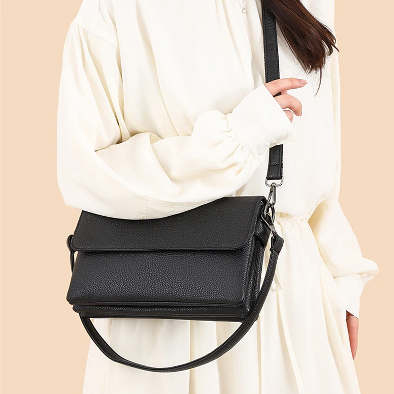 Fashion Women Shoulder Bag PU Leather Female Clutch Purse Solid Crossbody Bag Multi-Layered Two Straps