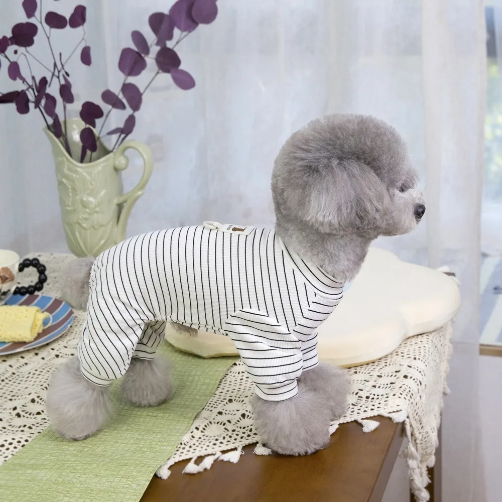 

Pet Accessories Soft Striped Dog Pajamas Short Sleeve Breathable Dog Hoodies Lapel Style Puppy Overalls Summer