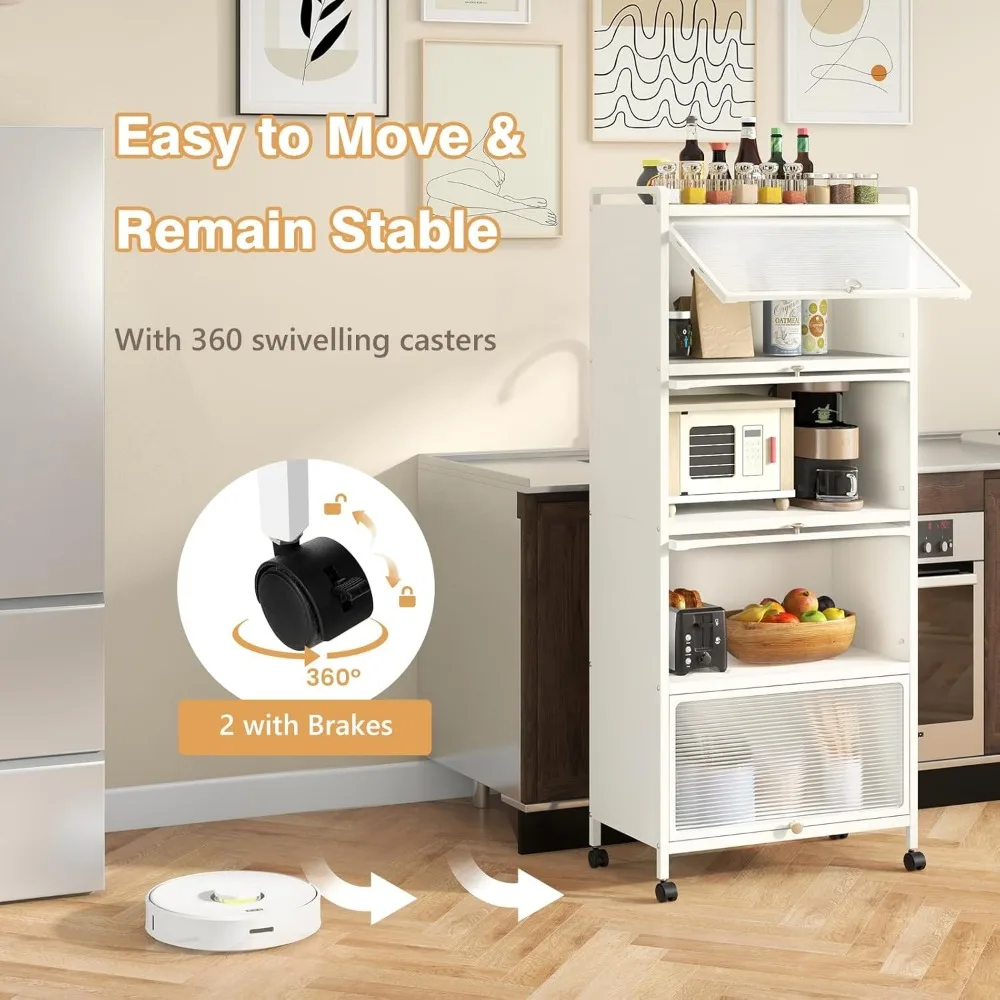 5-Tier Kitchen Storage Cabinet,Mobile Microwave Stand with Flip-up PCDoors,Freestanding Kitchen Bakers Rack with4Rolling Casters