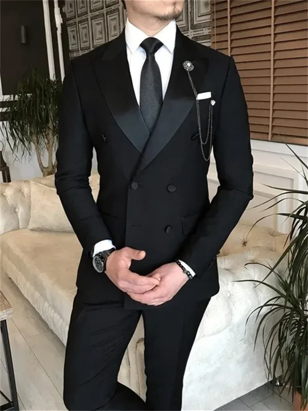 2 Pieces Black Suits for Men Peaked Lapel Double Breasted Bespoke Blazer Wedding Groom Tuxedos Prom Costume Homme  Jacket+Pants