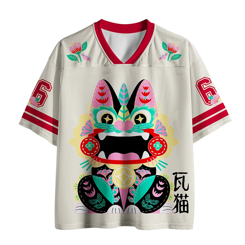 Unisex Lucky Guardian Cat Shishi Lion Dance Jersey Cute Folk Art Floral Print V-Neck Number 6 Red Trim Short Sleeve Sports Tee