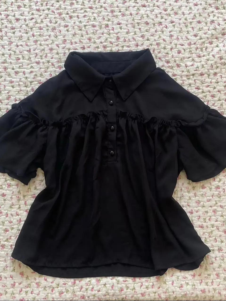 French Style Black Collared Half Placket Ruffle Flare Sleeve Loose Chiffon Women Casual Blouse Top