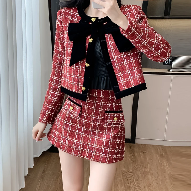 High Quality Red Plaid Tweed Jacket Coat Skirt Two piece Sets Women Autumn New Bow Crop Tops + A Line Mini Skirt Suits