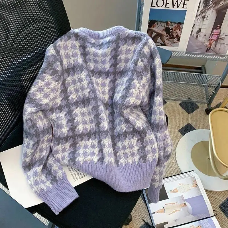 Women Trendy Plaid Sweet Kawaii Vintage Button Knitted Cardigan 2024 Spring Autumn Casual Chic Long Sleeve Cropped Sweater Coat