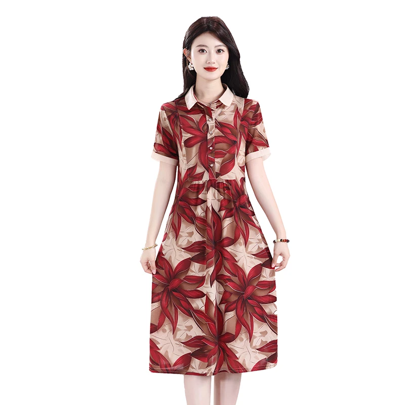 Summer Women's Short sleeve Dress Medium-Length Stylish Middle-Aged And Elderly Mom Slimming Floral Skirt Above The Knee