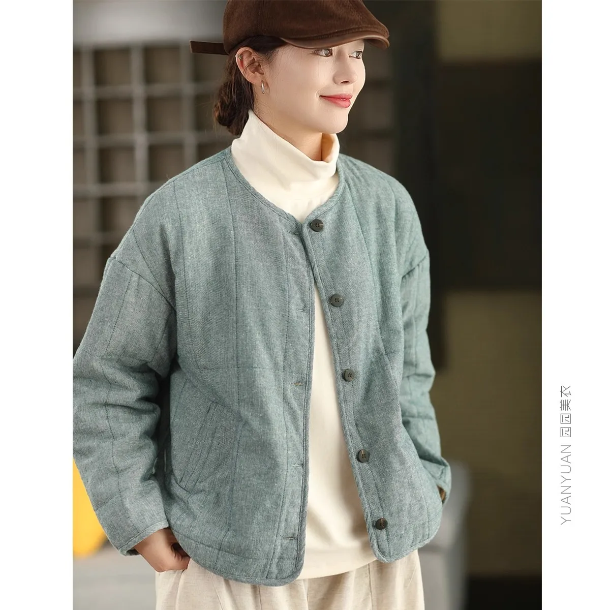 

Retro Waed Color Woven Cotton Jaet Women's Autumn Winter Thiened Linen Cotton Coat Warm Single Button Outerwear