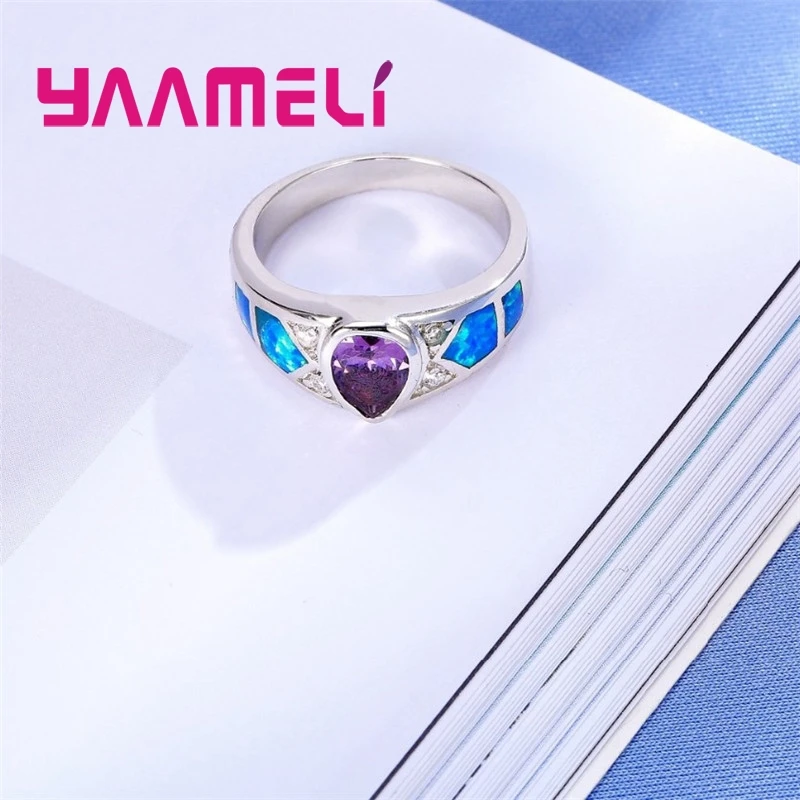 Winter Sale Exquisite Charming Water Drop Crystal Silver Ring Wide Blue Fire Opal Fashion 925 Sterling Silver Jewelry for Women