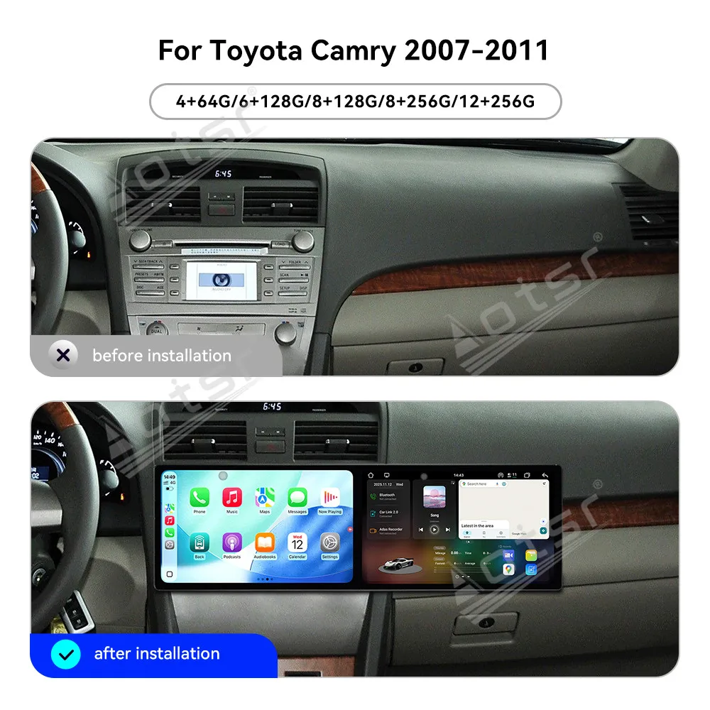 

10,1-дюймовый HD автомобильный радиоприемник с двойным экраном для Toyota Camry 2007-2011, автомобильный мультимедийный видеоплеер, GPS-навигация, Carplay, Android 15