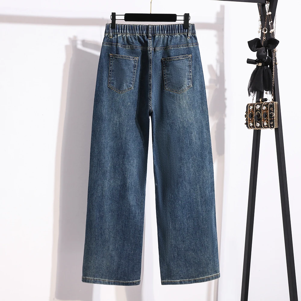 High Waist Straight Leg Denim Jeans Women plus Size Sparkling Rhinestones Slimming Loose Wide Leg Pants Casual Cotton Polyest... view 3