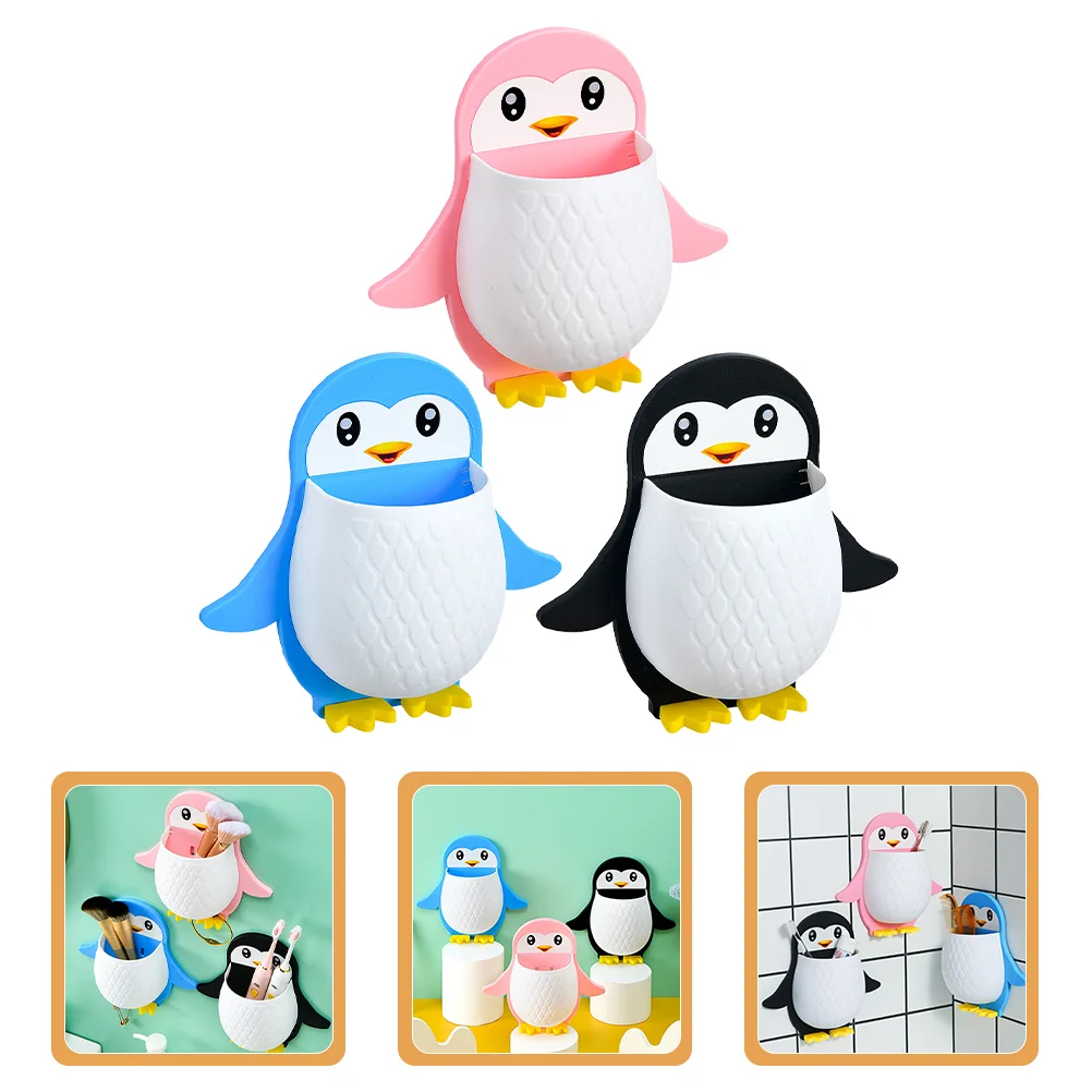 

3 Pcs Kids Toothbrush Holder Penguin Remote Decor Wall Mount Wall-mounted Pp Child Cell Phone Stand