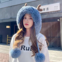 Winter Hat Ladies Antlers Faux Fur Pullover Hats Fashion Wild Christmas Cap Spring and Autumn Cold Protection Warm Cycling Caps