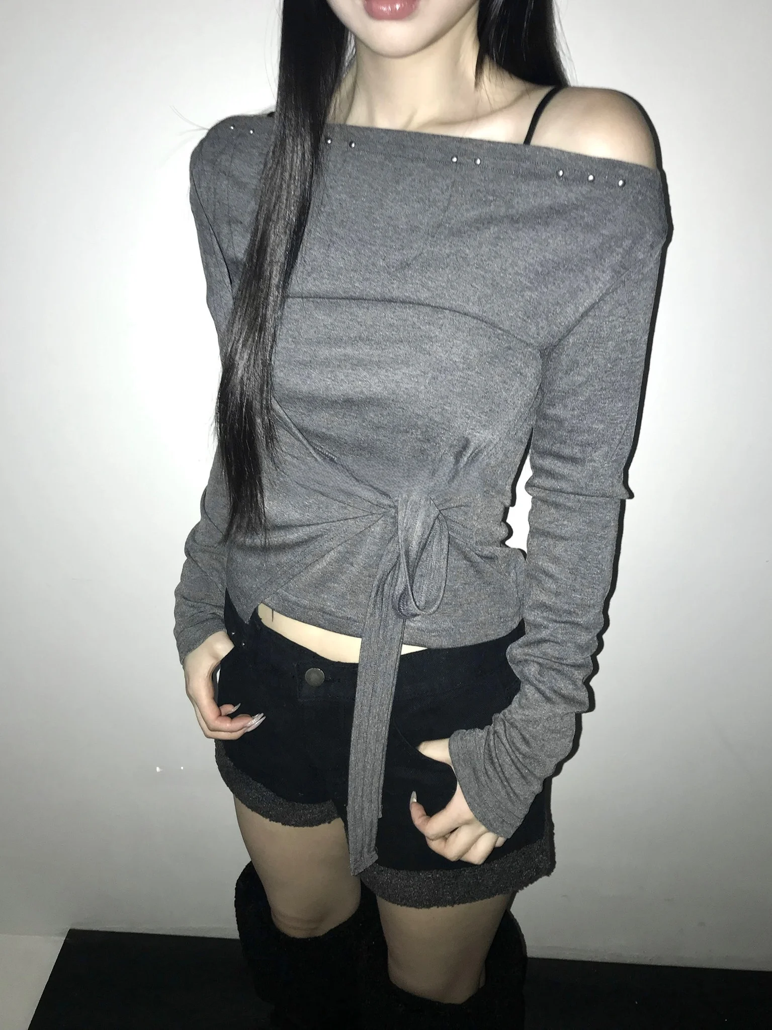 Korean Style Long Sleeve T-Shirt Women's Casual Boat Neck Tie Waist Slimming Top Fashionable Versatile Straight Cut Basic Color