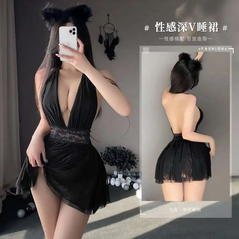 Mini vestido feminino sexy pendurado no pescoço, decote em v profundo, costas abertas, perspectiva de cintura com renda, camada dupla, fio macio, verão, 9864