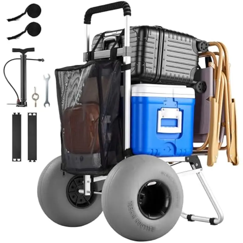 Beach Dolly with Oversized Balloon Wheels for Soft Sand Mobility • 20 x 15 Inch Foldable Cargo Platform • Aluminum Alloy Frame w