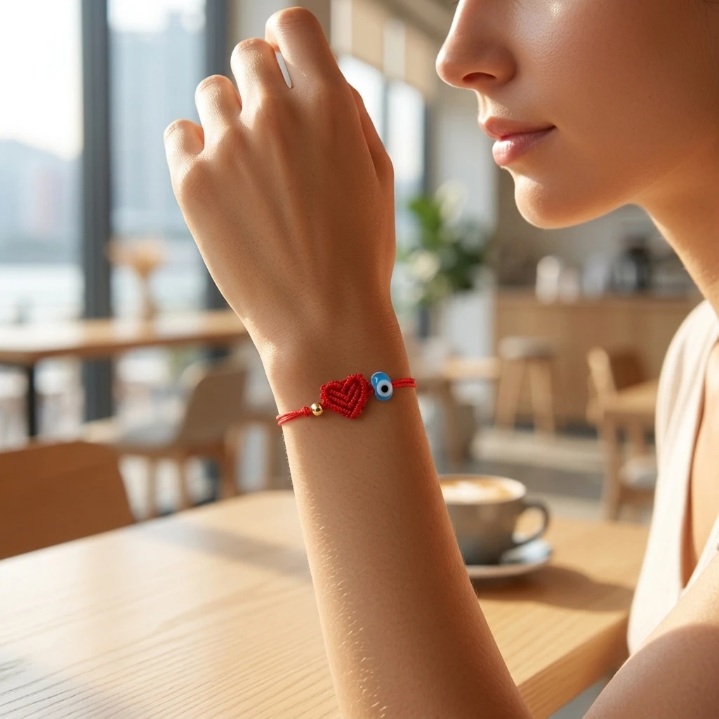 1pc Red Cotton Cord Bracelet with Woven Heart and Blue Eye Charm Tie Closure Sweet Romantic Style for Women Gift for Her