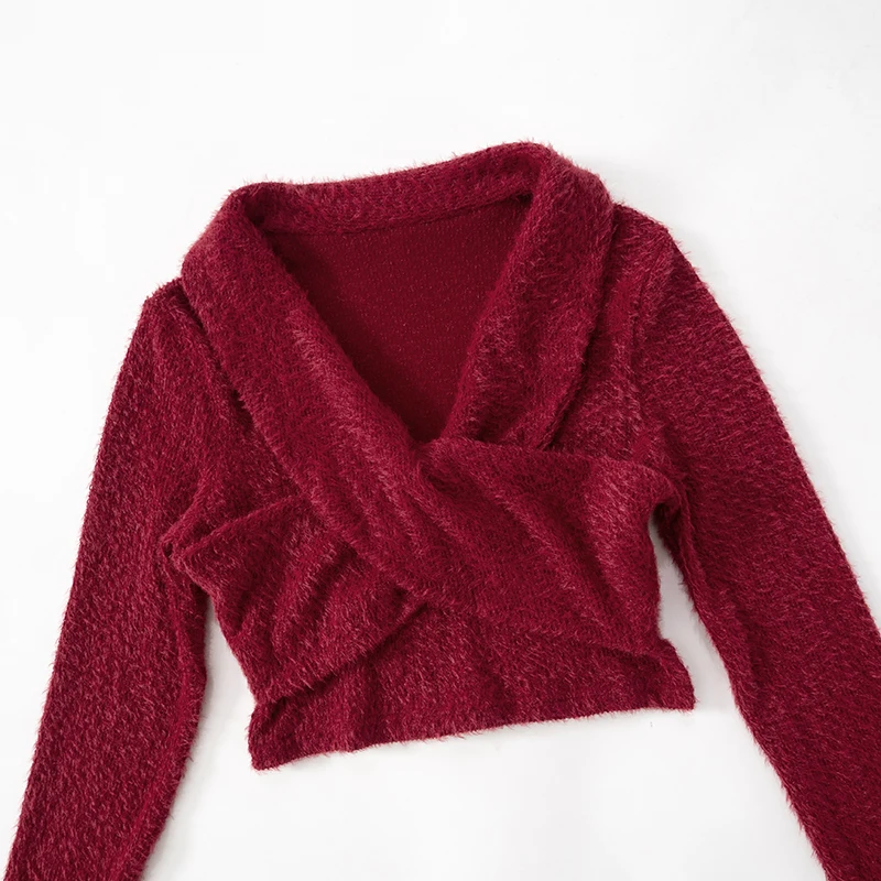 CUTENOVA ฤดูใบไม้ร่วงฤดูหนาวสินค้าใหม่ Mohair เสื้อกันหนาวผู้หญิงสั้นเซ็กซี่ V คอ CROSSOVER ติดตั้งเสื้อแขนยาว