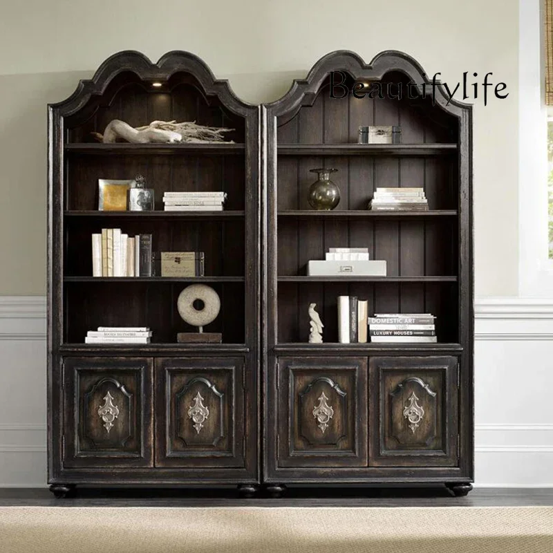 dY BJ Retro Display Cabinet All Solid Wood Arched Bookcase White Old Adjustable Multi-layer Display Cabinet Customization