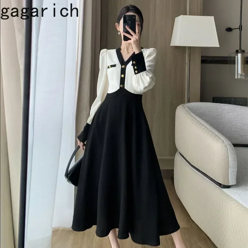 Gagarich Korean Long V-neck Dress Women Autumn Elegant French High-end Temperament Shows Thin Hepburn Style Long Vestidos