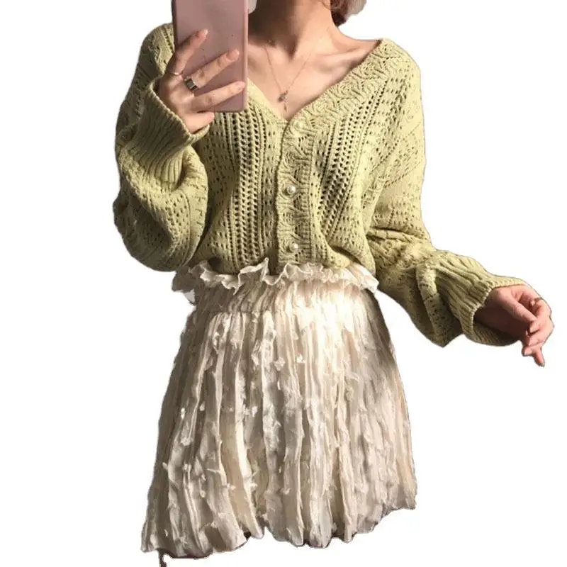 Cardigan tricoté à col en V pour femme, veste en laine, pull au crochet, vent paresseux, rétro, creux, printemps et automne, nouveau