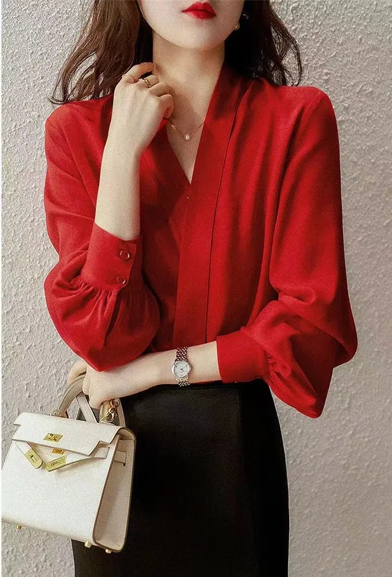 Red Blouse Women Plus Size Loose Office Shirt Long Sleeve Simple V Neck Tops Korean Blouses OL