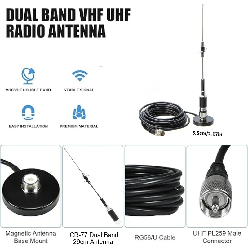 Antena szerokopasmowa CR-77 144/430MHz z kablem koncentrycznym MB60 PL259 5M UHF męski do samochodu, antena mobilna z MINI magnetyczną podstawą dla krótkofalowców. — zdjęcie produktu 2