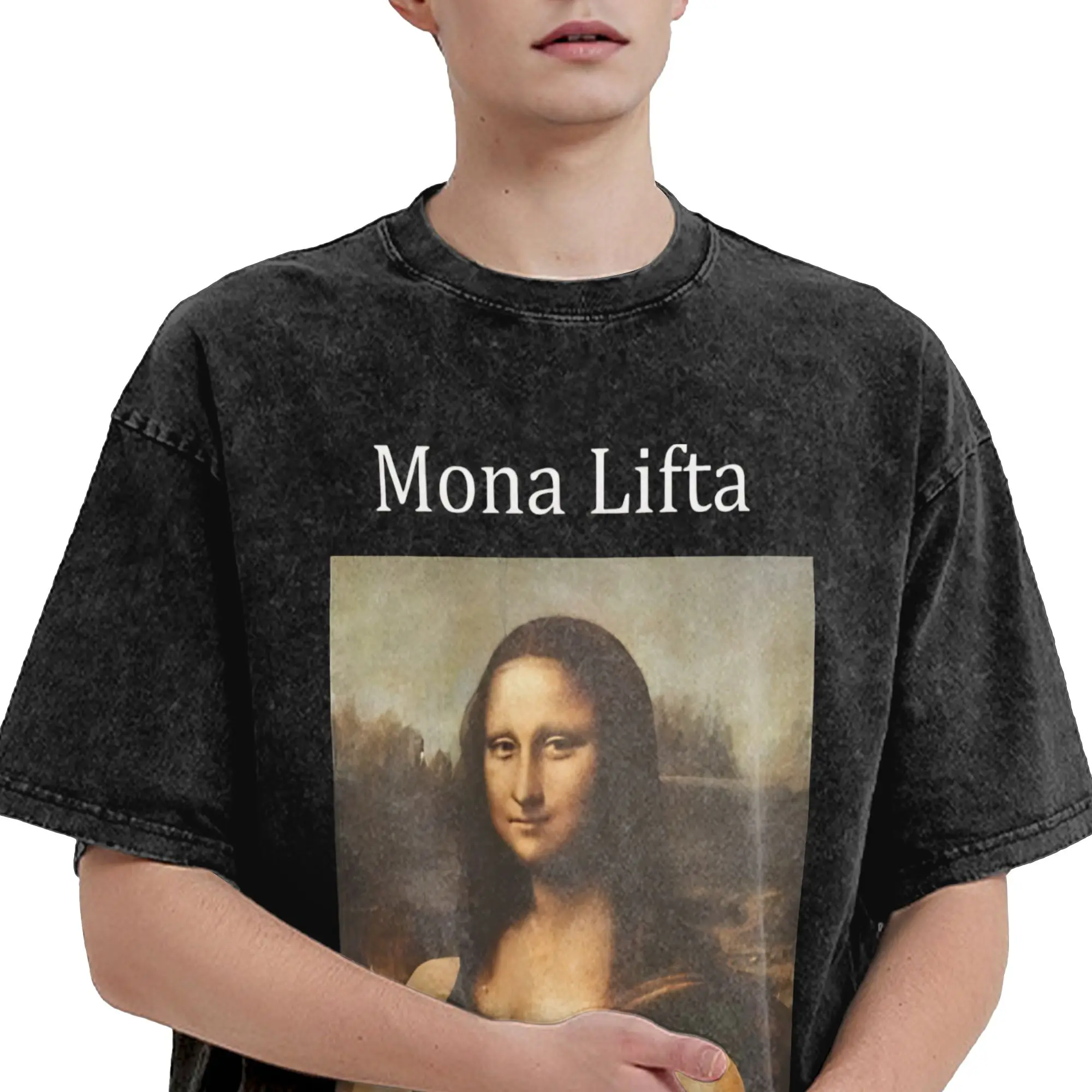 La Gioconda Mona Lisa Gym Lover T Shirts Hip Hop Washed Cotton Harajuku T-Shirts  Vintage for Men Women Streetwear Summer Tees