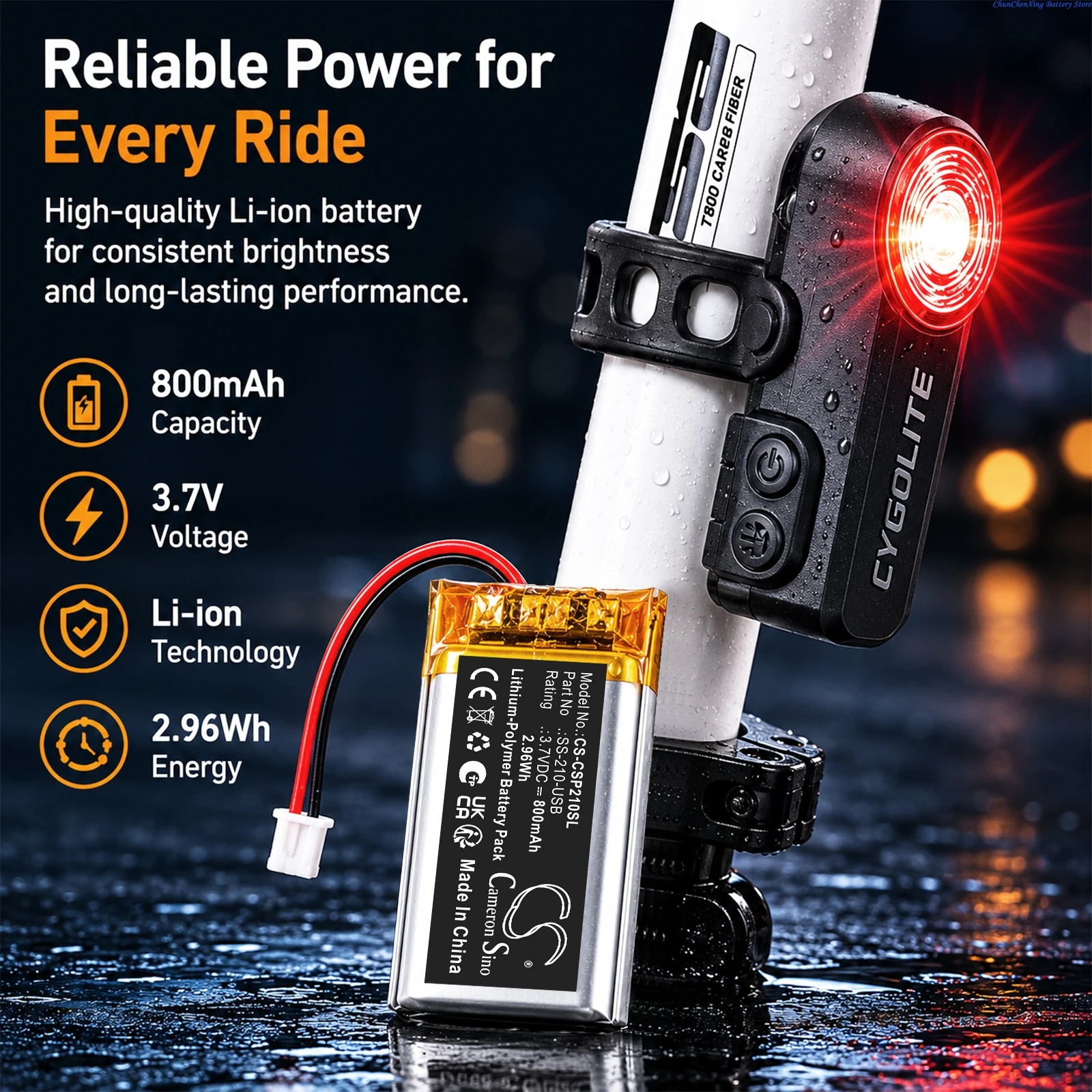Cameron Sino 3.7V 800mAh Replacement Bicycles Flashlights Battery SS-210-USB for Cygolite Slingshot Pro 210 USB Taillight