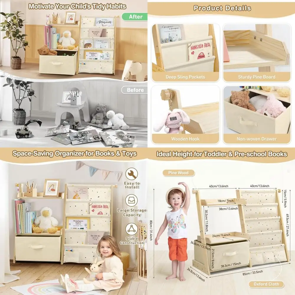 

2-in-1 Kids Bookshelf & Toy Organizer, 4-Tier Adjustable Storage Rack for Nursery, Playroom, and Bedrooms (Terrazzo)