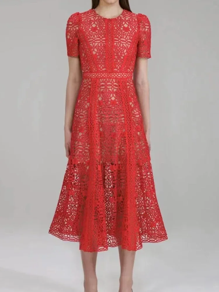 

2023 New Spring Top Quality Red Hook Flower Hollow Embroidery Midi Dresses Women