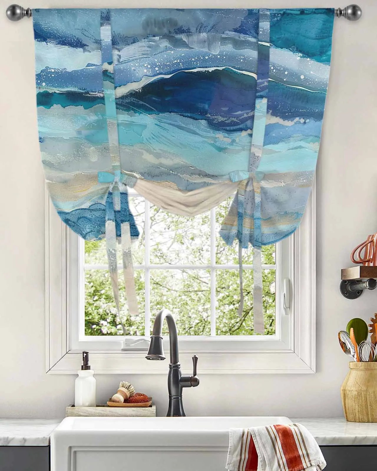 

Ocean Waves Beach Gradient Abstract Blue Window Curtain for Living Room Home Decor Blinds Drapes Kitchen Tie-up Short Curtains