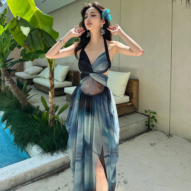 2025 Sexy Halter Women One Piece Swimsuit Korean Style Beach Dress Bathing Suit Monokini Long Skirt Seaside Travel Wear Swimwear