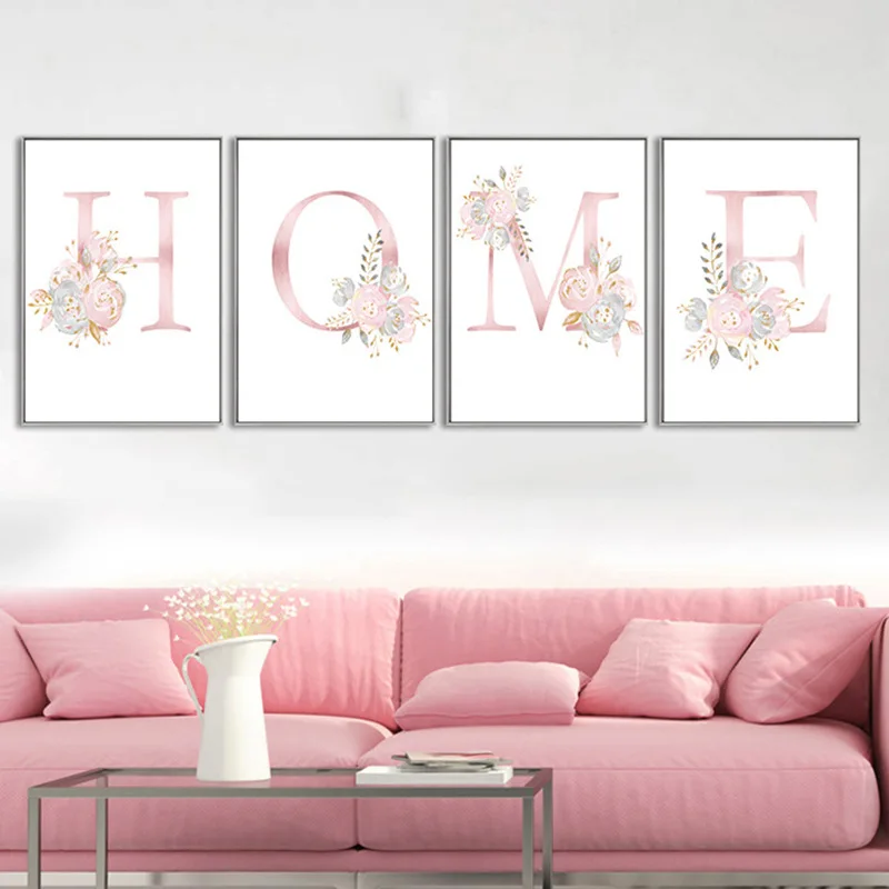 

Pink English alphabet and flower combination sofa background wall art decorative canvas painting