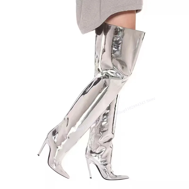 Silver Patent Leather Over Knee High Boots Pointed Toe Thin High Heel Sexy Summer Casual Big Size Woman Shoes Zapatillas Mujer