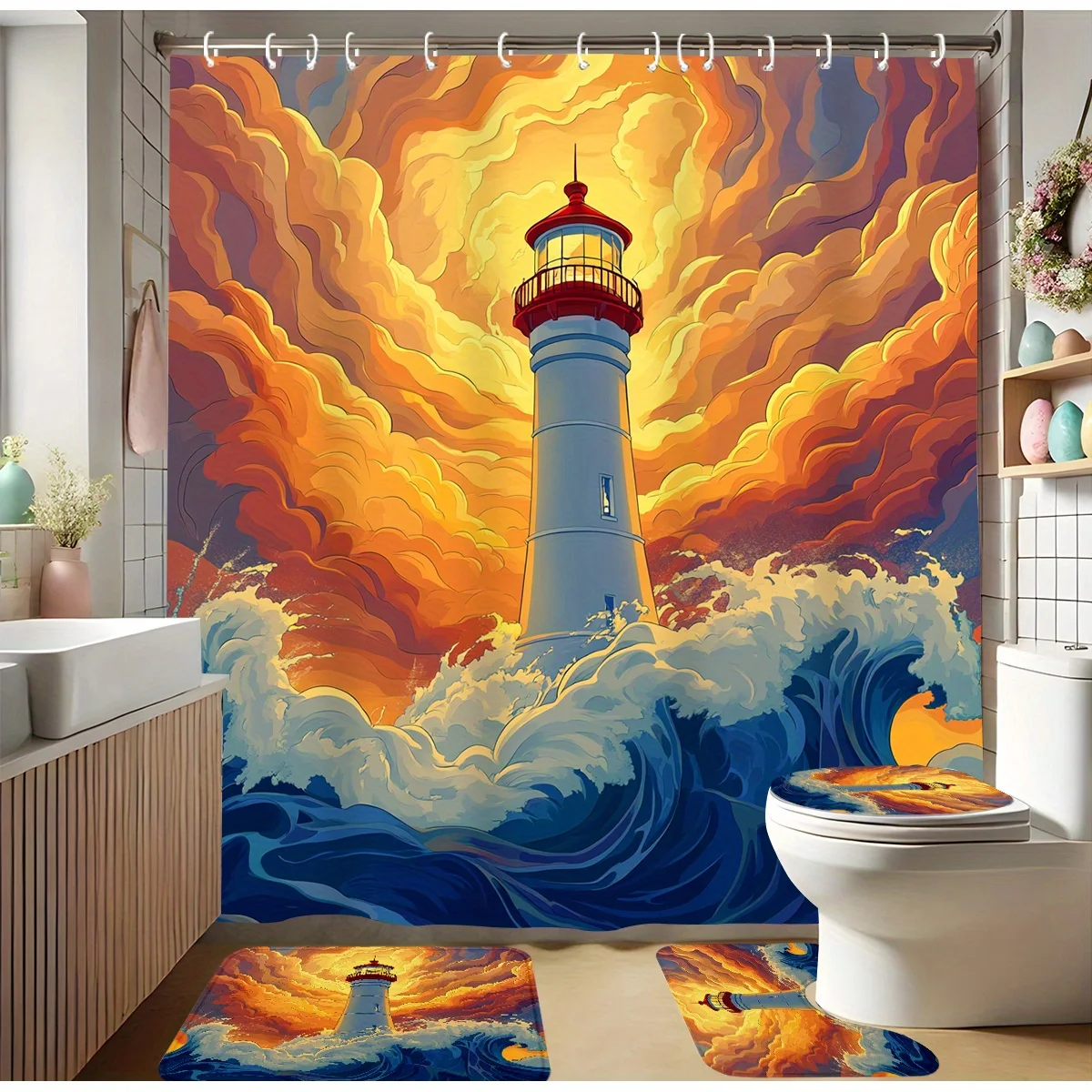 

4pcs Shower Curtain Set, Majestic Lighthouse Storm, Modern Bathroom Decor - 71inch*71inch*/180cm*180cm, Includes 12 Hooks