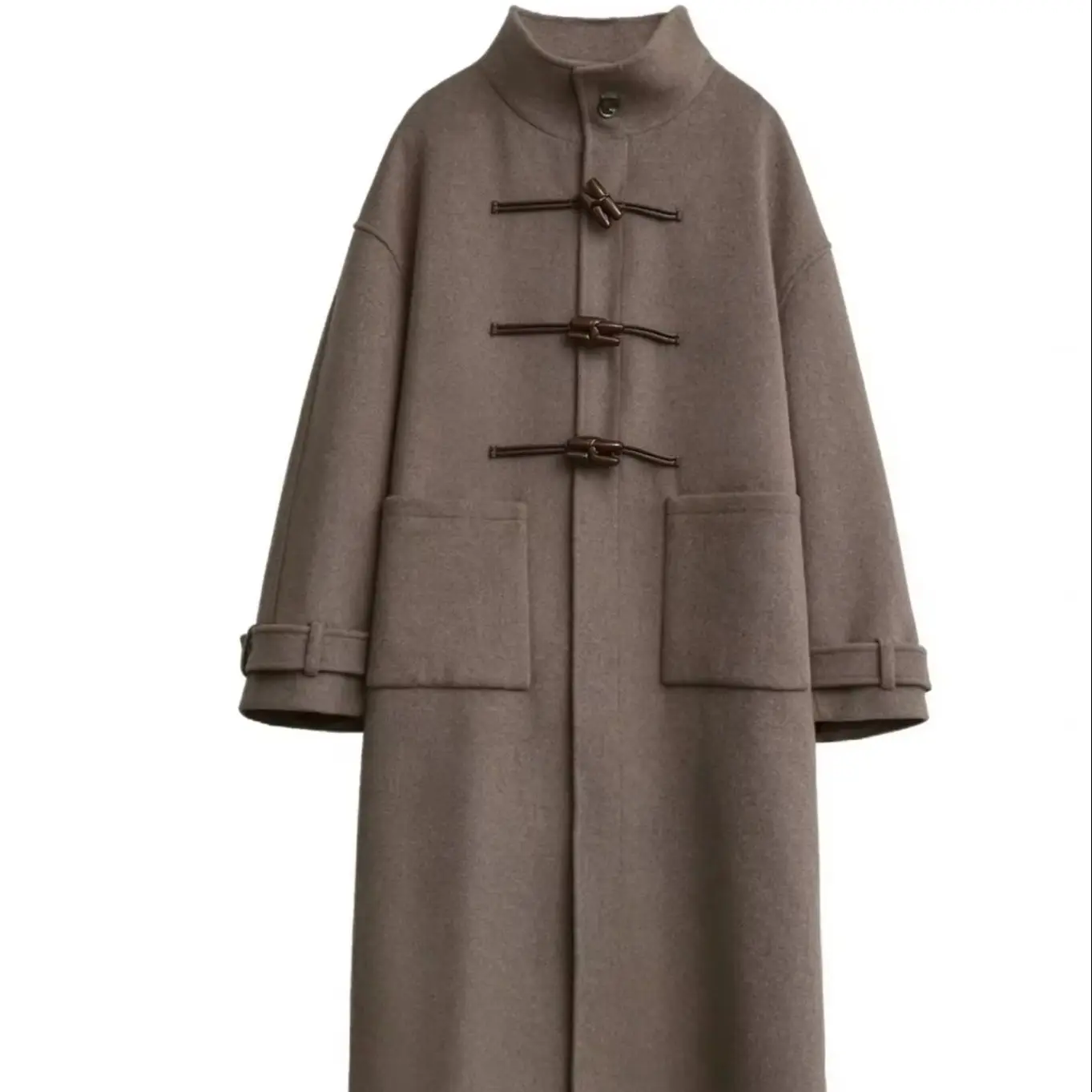 Casual Women’s Overcoat High Neck Duffle Toggle Buttons Big Patch Pockets Long Cut Heavy Wool Business Meeting Customized