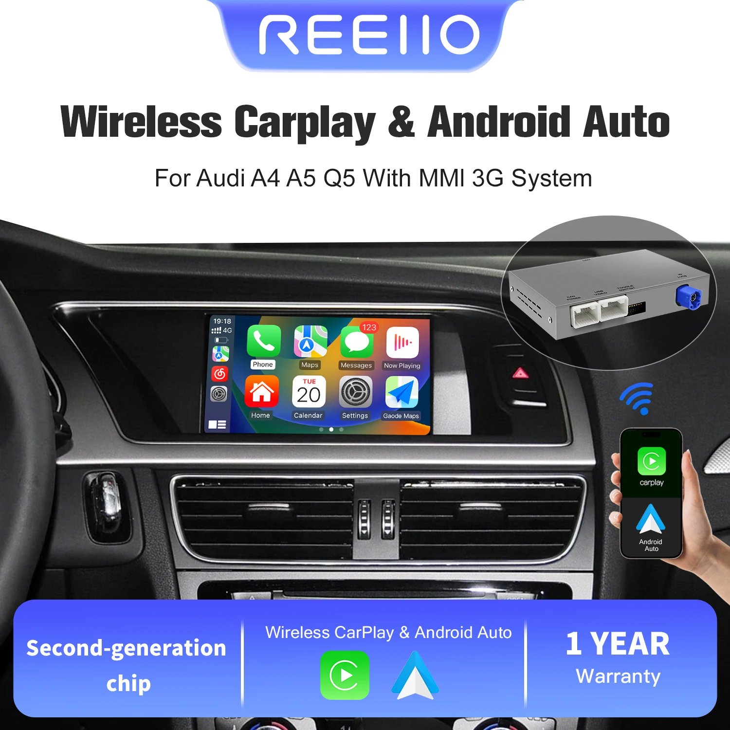 Drahtloses CarPlay für Audi A4 A5 S4 S5 RS4 RS5 und Q5 (2008–2015), für 3G MMI-System, unterstützt Android Auto Mirror Link Navigation