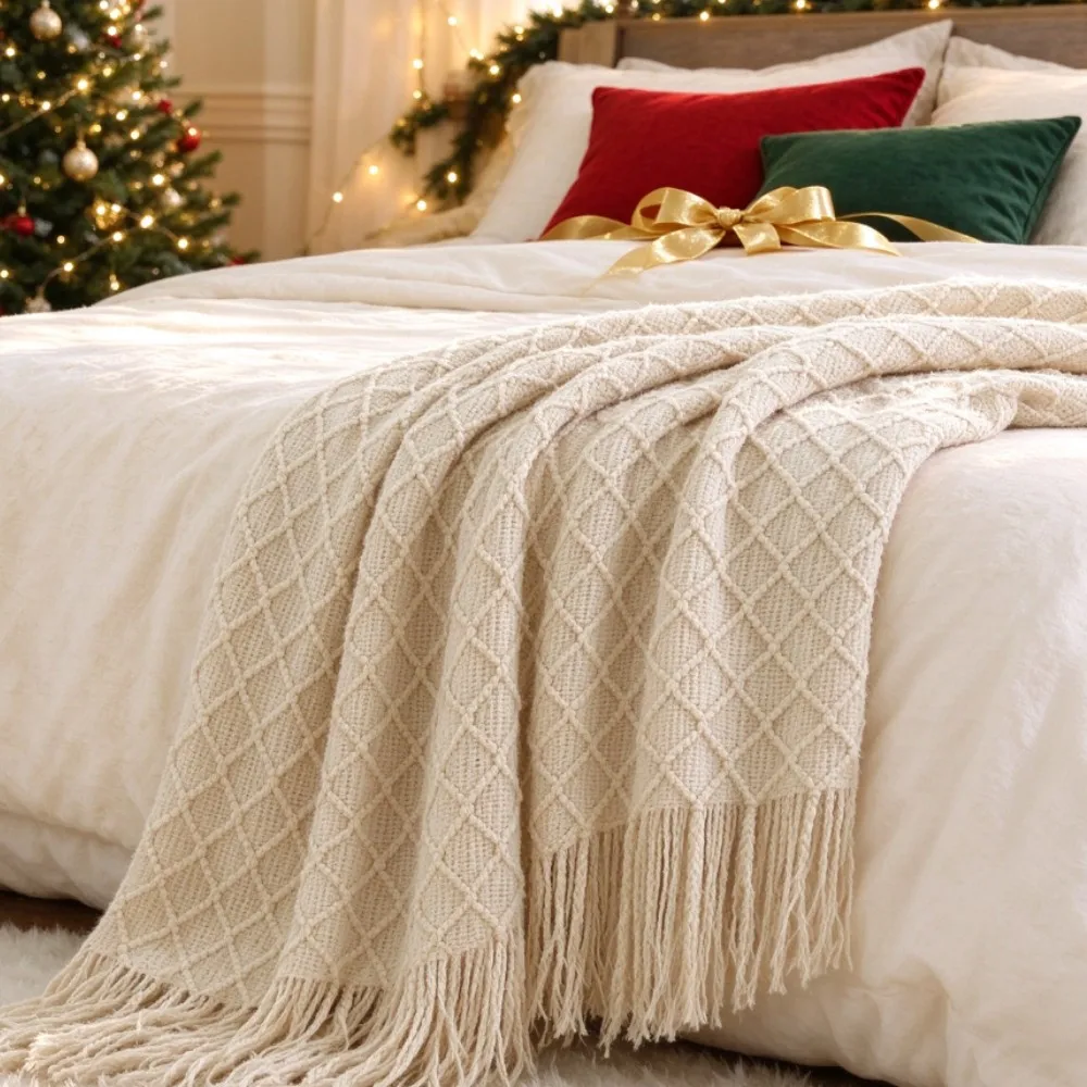 Cream Acrylic Knitted Throw Blanket Lightweight Soft Cozy Checked Design Tassels Travel Couch Bed Sofa Decor Christmas Gift