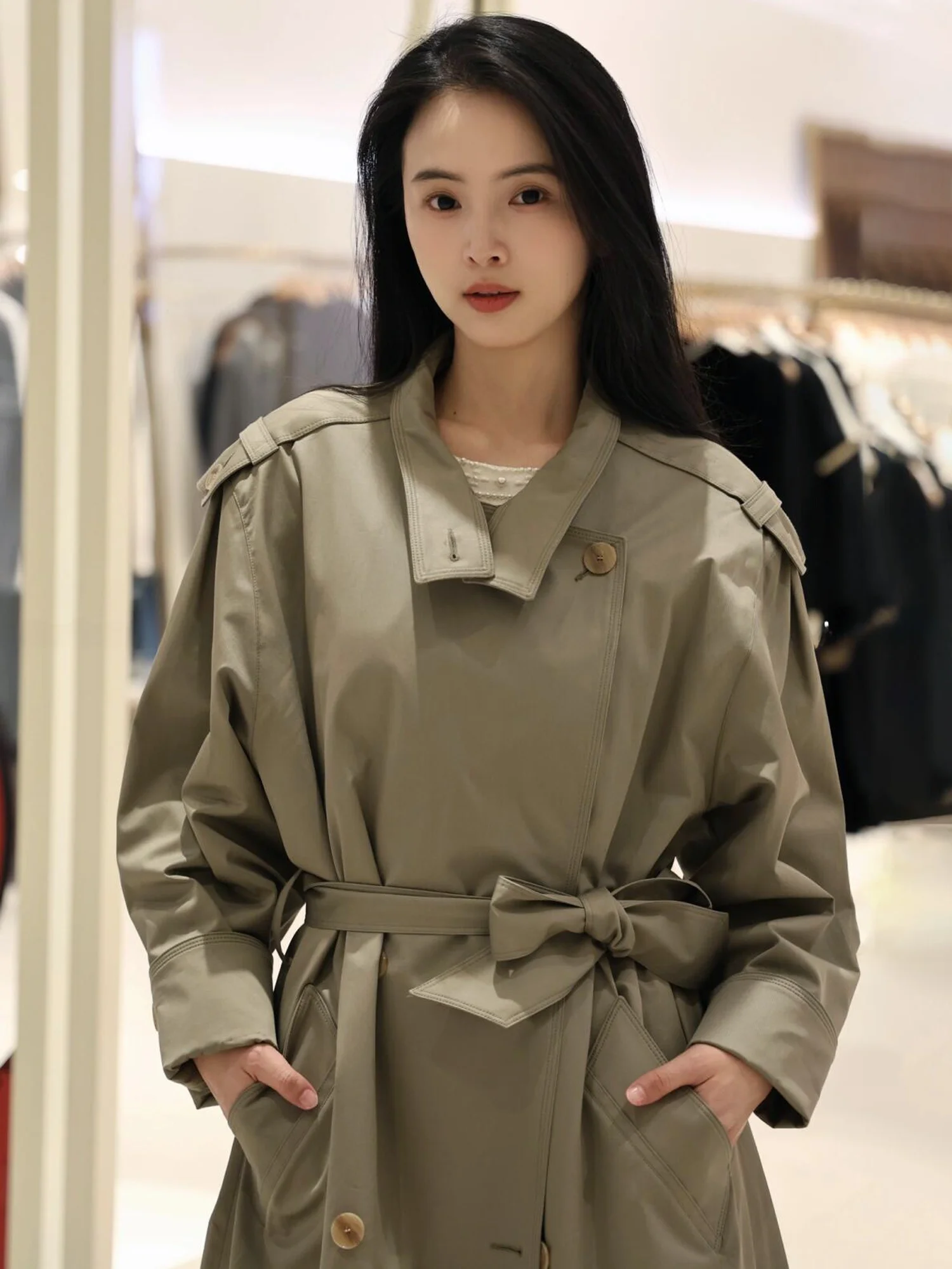 

Faionable Vintage Long Loose Women's Windbreaker Coat Stand Collar Spring New Arrival Simple Sle Polyester Fiber Cotton