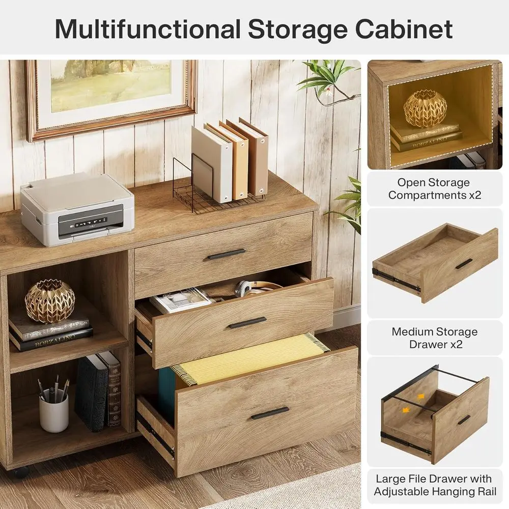 مكتب تنفيذي كبير على شكل حرف L مع مساحة تخزين، وخزانة ملفات متنقلة، وأرفف، مثالي للمنزل أو المكتب، بني