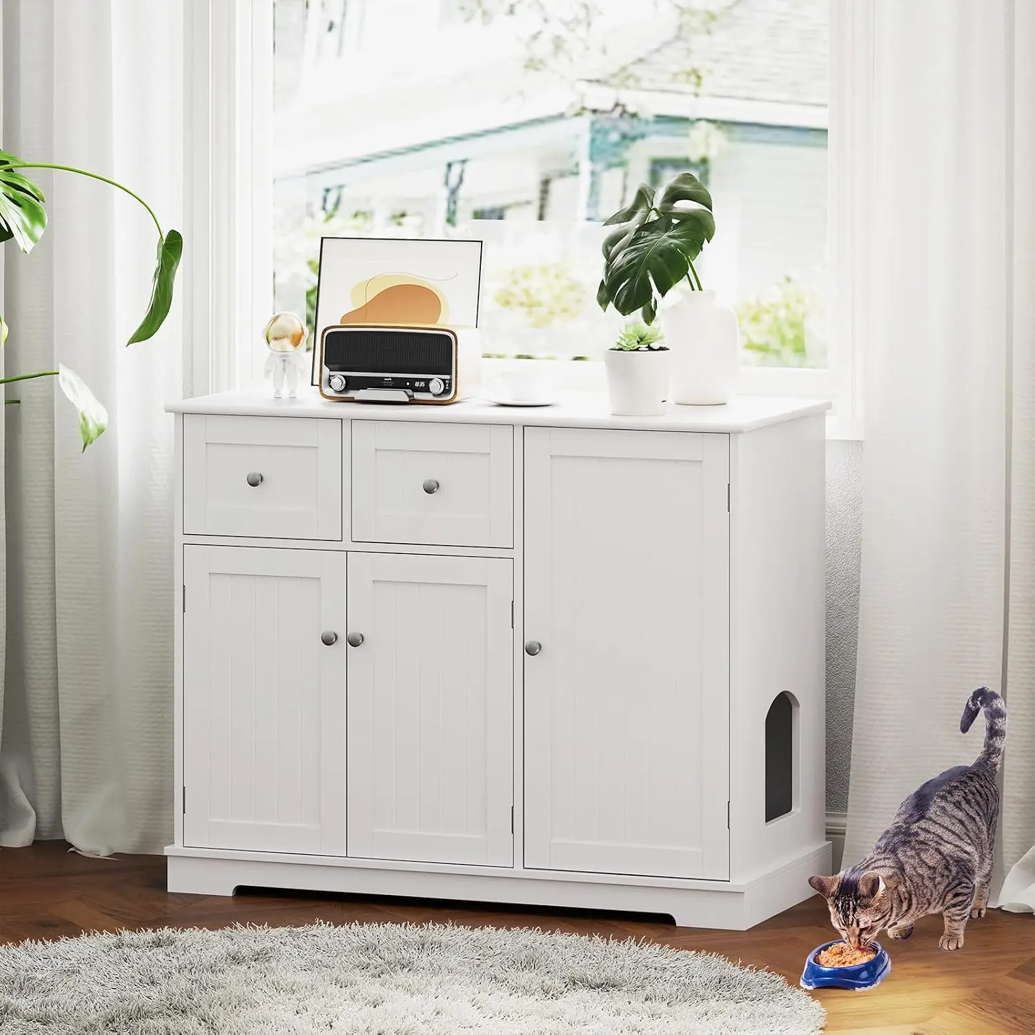 Litter Box Enclosure, 40 Inch Enclosed Cat Box Cabinet with 2 Storage Drawers, 3 Doors & 2 Entrances, Hidden Cat Washroom, Moder