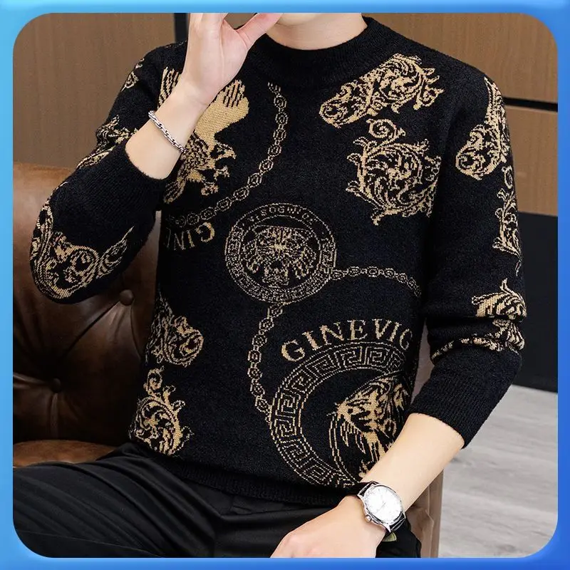 

Men's Knitted Sweater f High Collar Autumn Winter Faion Eagle Goldfi Pattern Warm Base Layer irt Sle Polyester Fiber