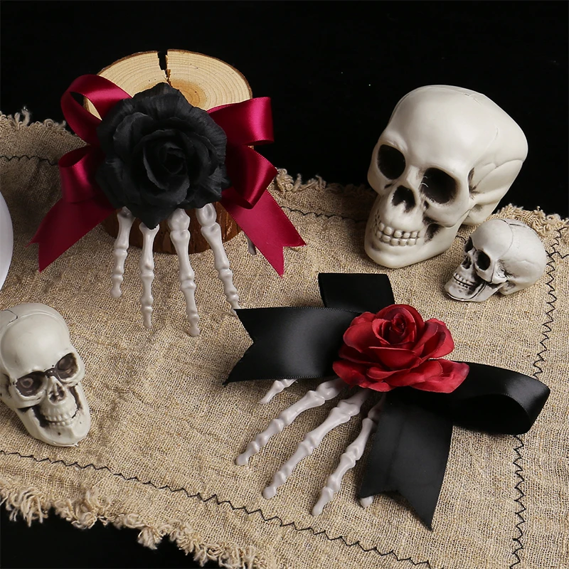 2pcs Halloween Skeleton Hand Skeleton Hairpin Ghost Festival Beautiful Horror Rose Bow Ghost Hand Side Clip