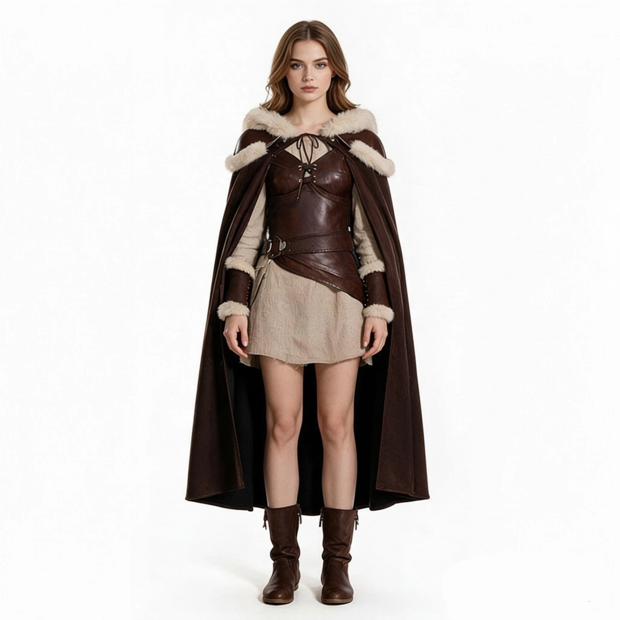 Women Medieval Viking Fur Trim Cape Set Retro Warrior Cloak Shoulder Pads Wrist Guards Halloween Cosplay Theme Party Costume