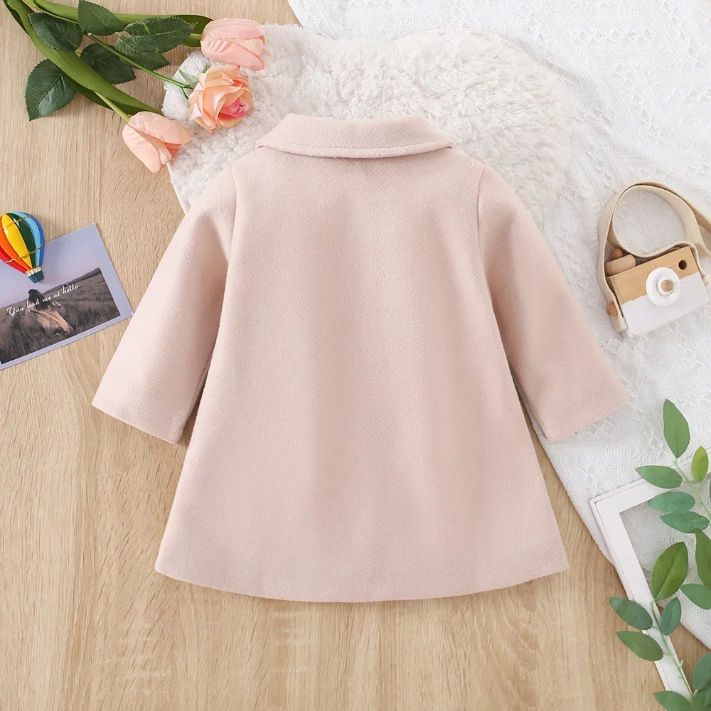 Winter New Girls\' Blouse Button Coat Coat Solid Color Simple Fashion Lapel Long Solid Color Bow (0-3 Years Old)