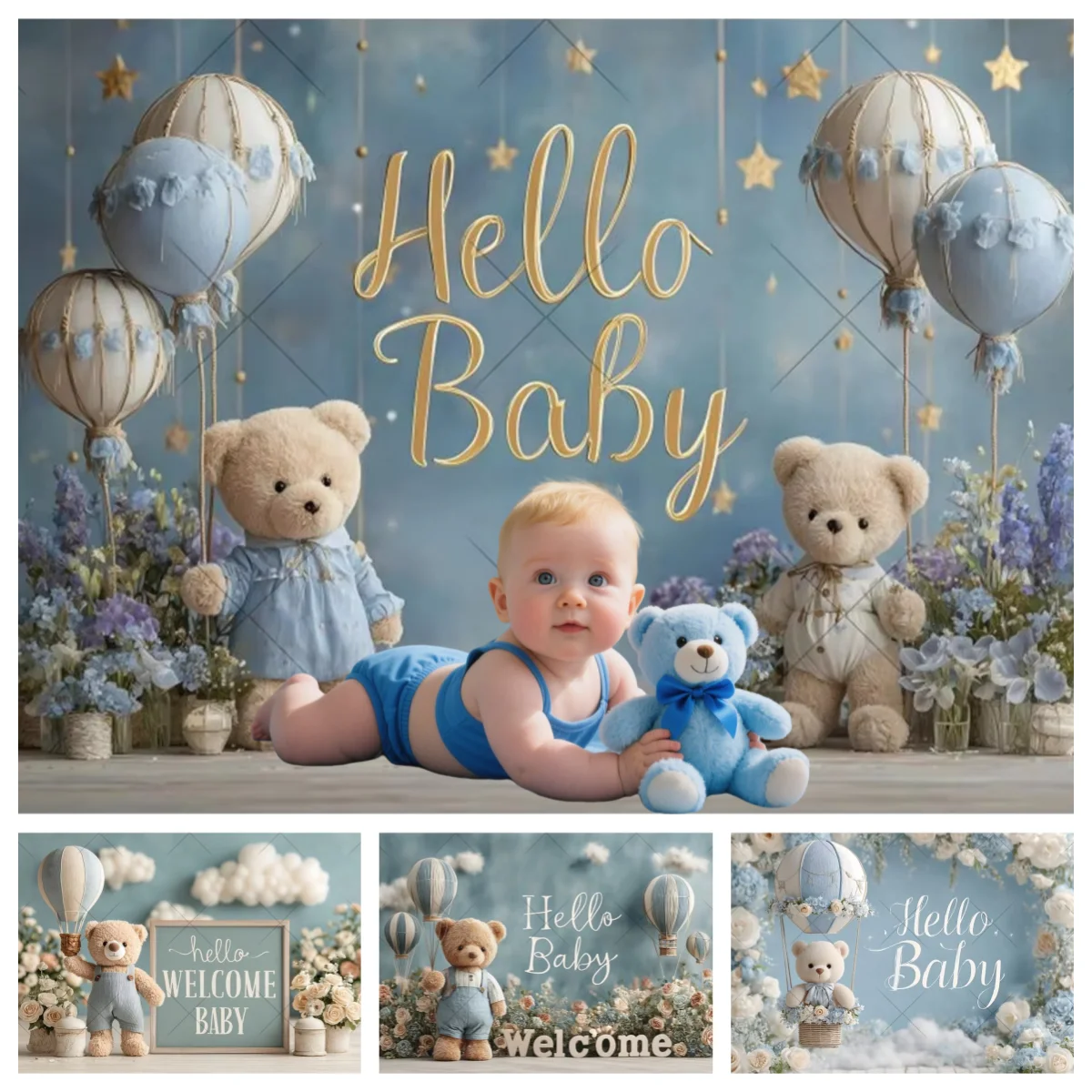 

Teddy Bear Hot Air Balloon Baby Shower Backdrop Boys Girls Baby 1st Birthday Party Decor Photography Background Photo Studio