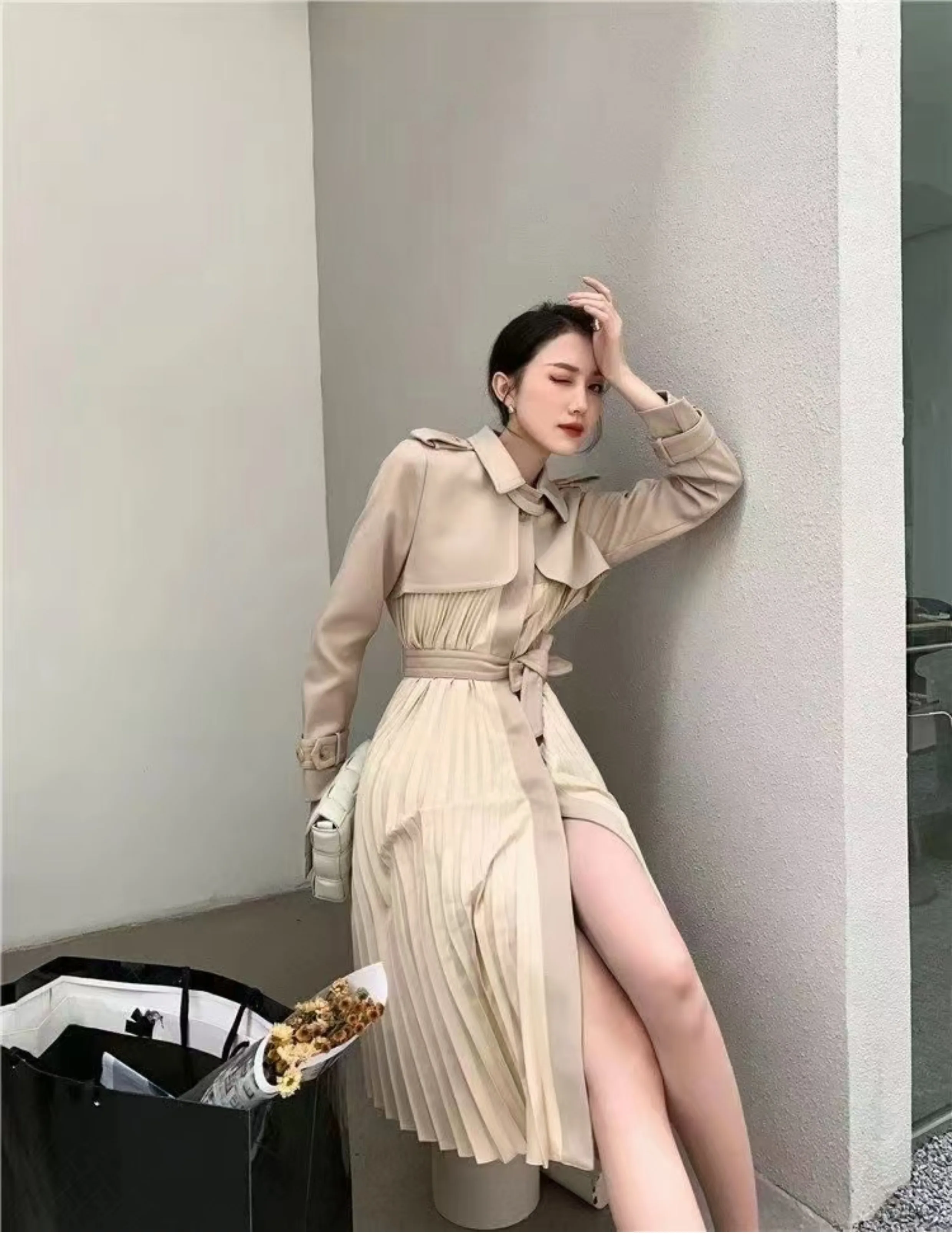 lingzhiwu Top Quality Dresses Female Trench Dresses French Design Pleated Long Elegant New Arrival