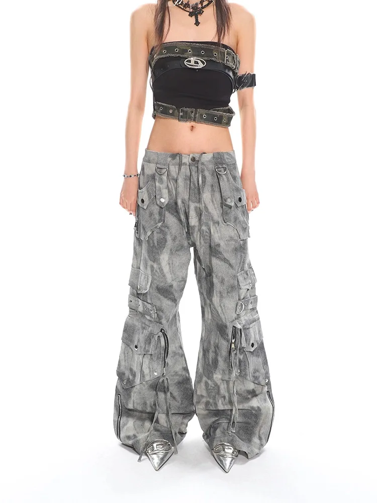 

Duty Multi Pocket Cargo Pants Women Spring Summer Distressed Wide Leg Trousers Deconstructed Streetwear Casual Utility Jeans