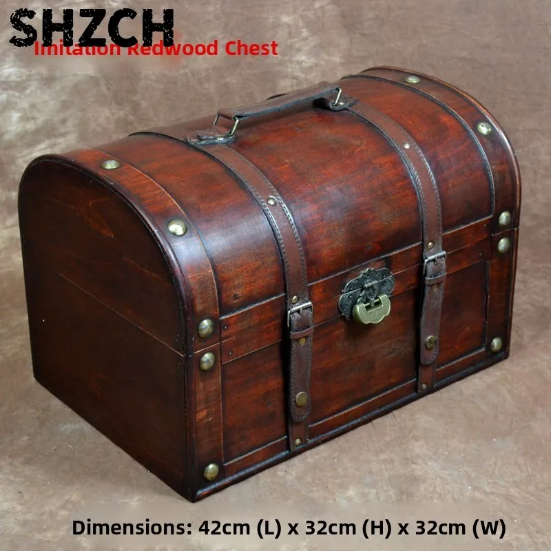 Antique Wooden Chest With Lo Chinese Redwood Simulation Classical Treasure Box Home Storage Photoaphy Decoration Props