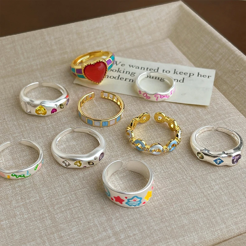 Silver Colour Painted Graffiti Zircon Heart Adjustable Ring For Women Party Hiphop Fine Jewelry Niche Design Accessories